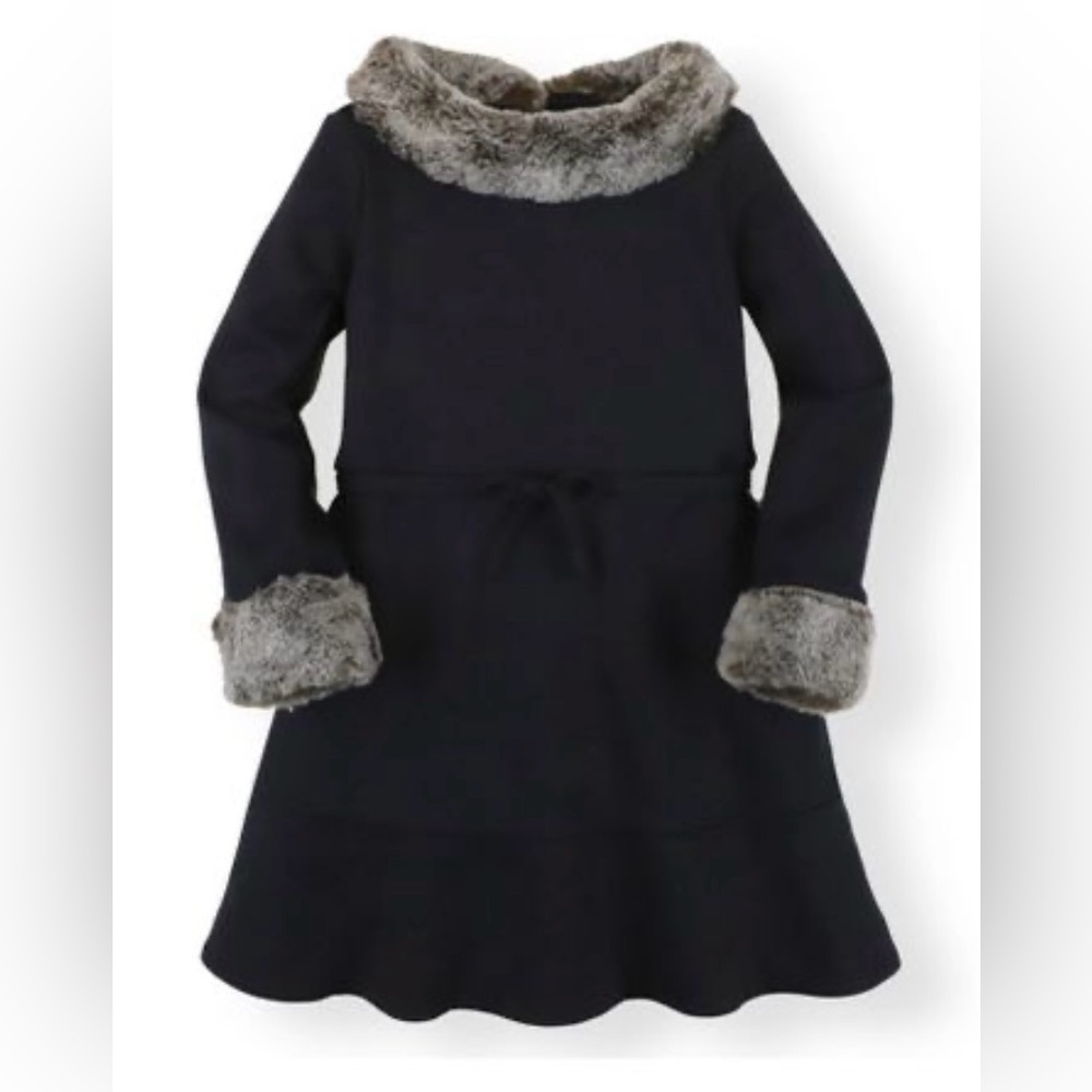 Girls Size 10 Navy Blue Dress with Faux Fur Neckline — NWT